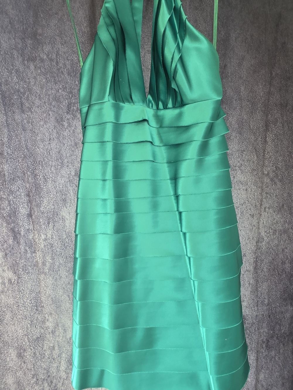 BCBGMaxAzria Emerald Green Halter Pleated Satin Mini Dress